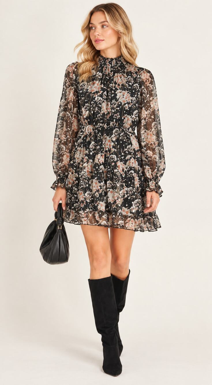 OPT One Pretty Time Lluvia Long Sleeve Floral Mini Dress Womens Medium New Black